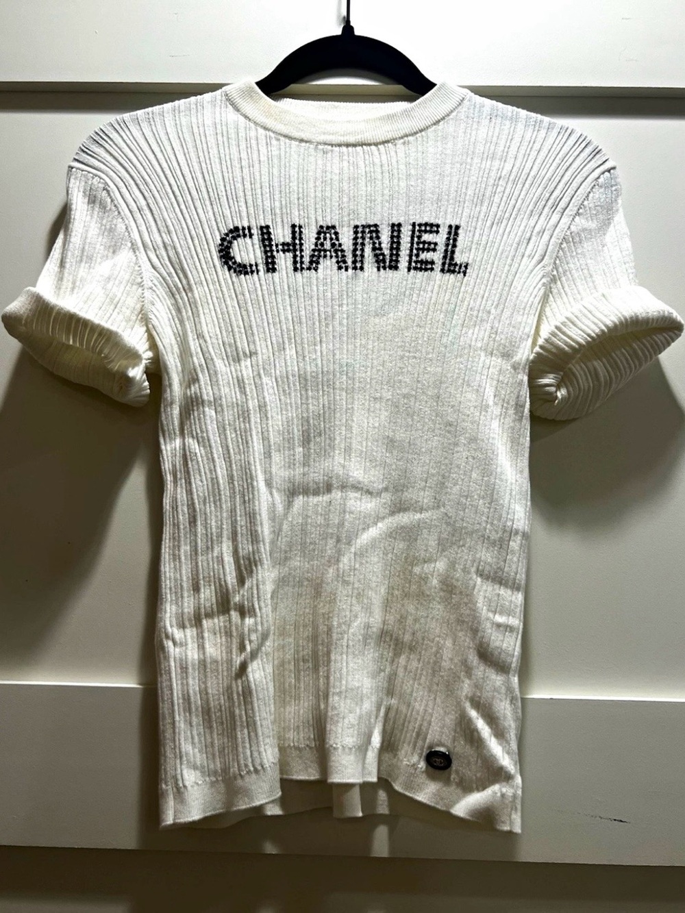 CHANEL SS21 White Ribbed Knit Cotton Top FR 36